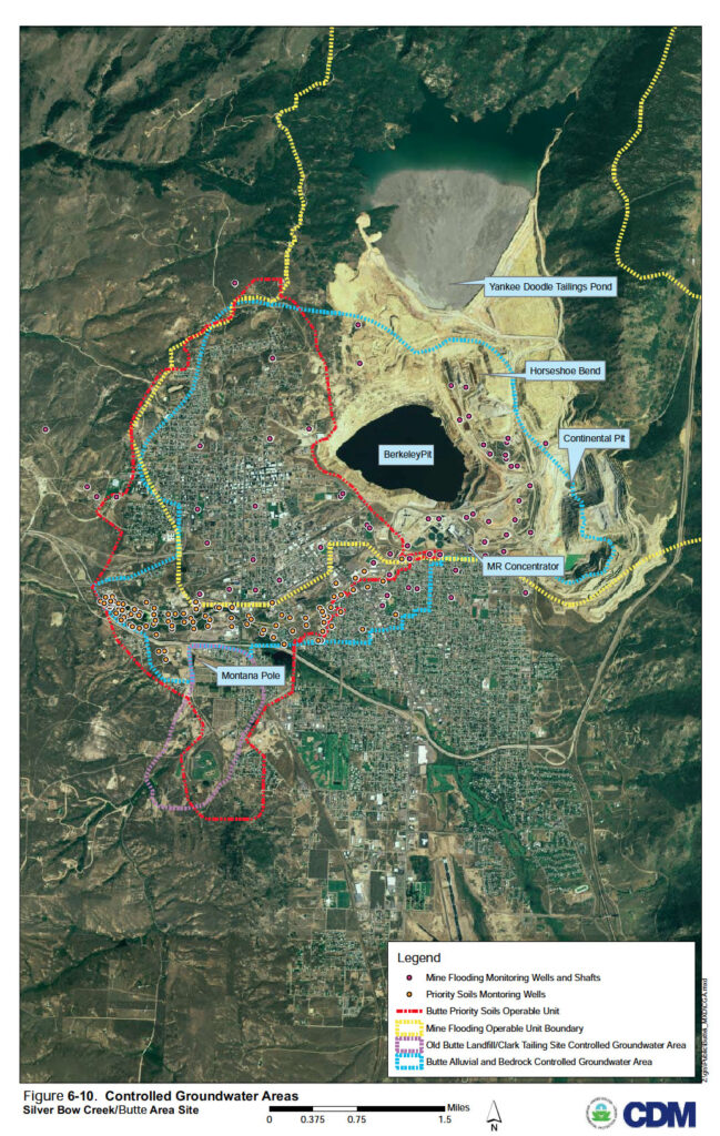 Controlled groundwater areas for Butte Superfund sites, including Superfund Operable Unit borders and monitoring points, from the 2011 EPA Five Year Review on Butte/Silver Bow Creek.