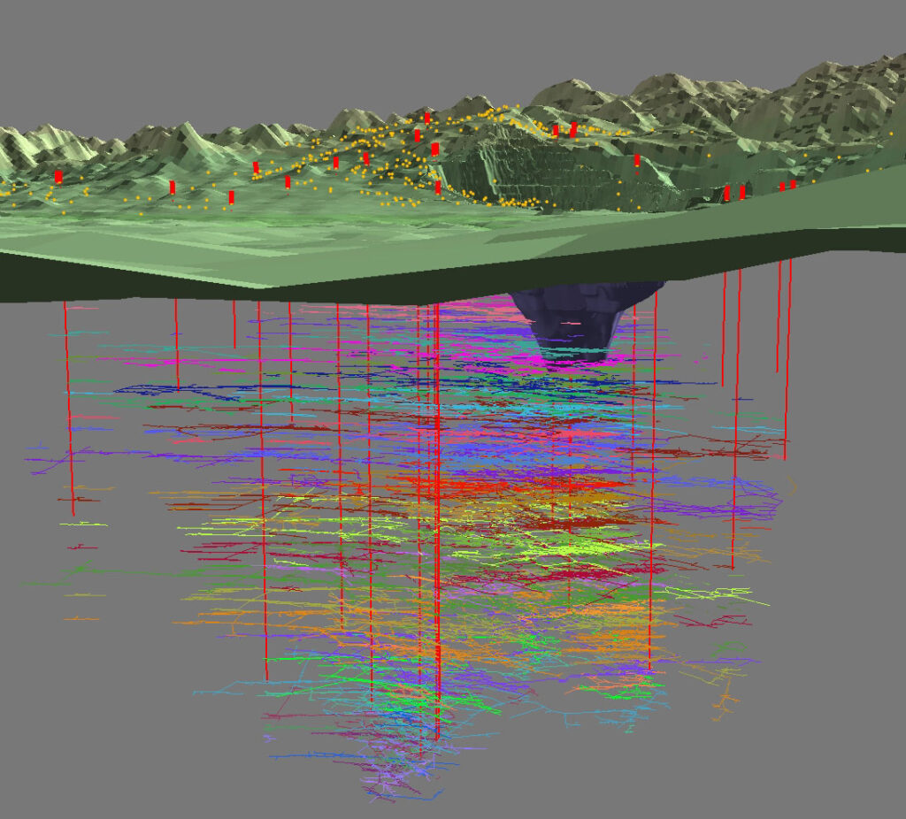 The Montana Bureau of Mines & Geology (MBMG) developed this computer model showing Butte topography and the corresponding underground tunnels from the years of historic underground mining.