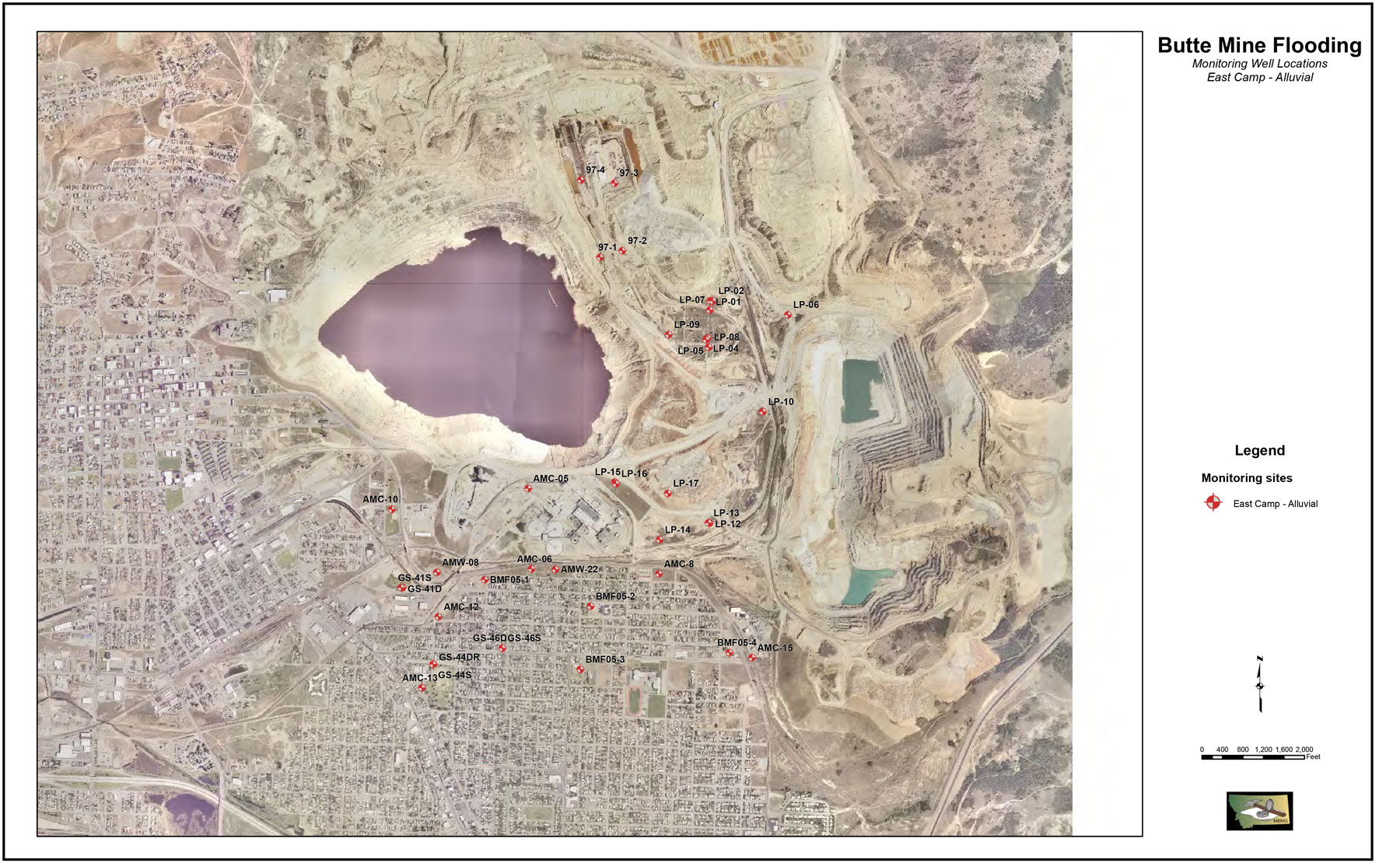 This map shows the locations of groundwater monitoring points for the alluvial aquifer in the East Camp area of the Butte Mine Flooding Operable Unit of the greater Butte Superfund site.